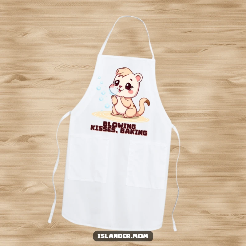 Funny apron showing an islander mom animal blowing bubbles near a beach, ideal for cooks who enjoy lighthearted fun.
