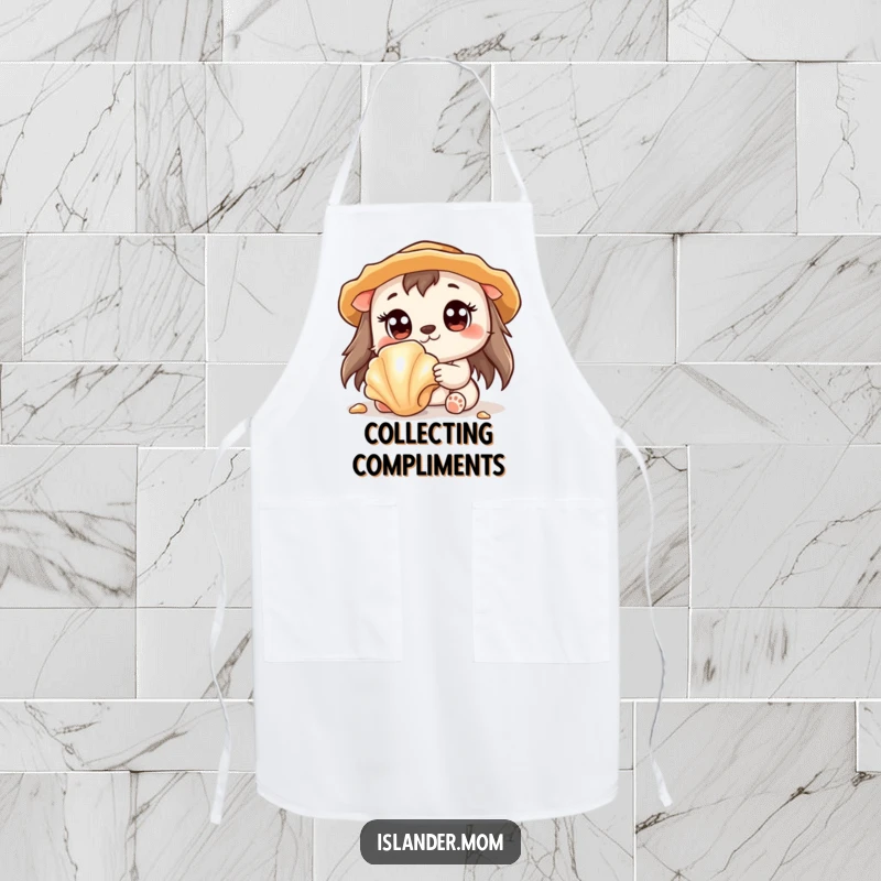 Funny apron featuring a cute kawaii islander animal with wide eyes, finding a sparkling seashell.