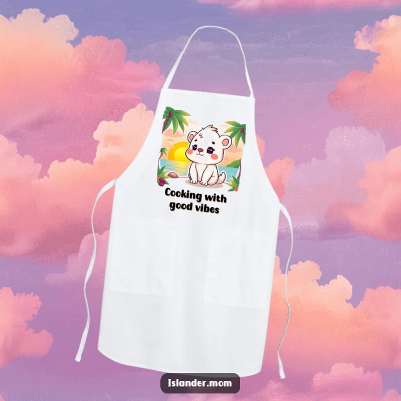 Funny apron with a kawaii islander animal peacefully watching a beautiful sunset, bringing serene charm to the kitchen.
