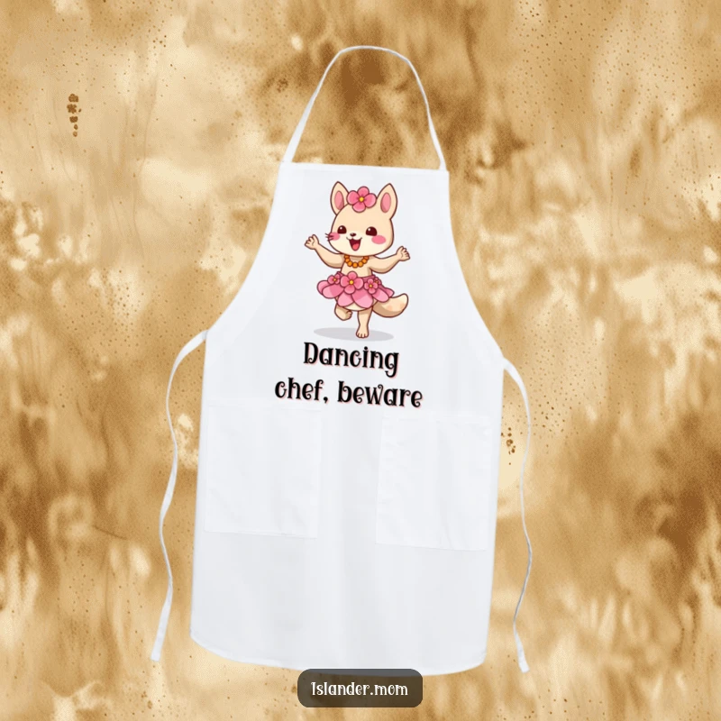 Funny apron depicting an island animal character in a flower skirt, dancing while cooking, adding humor to the kitchen.