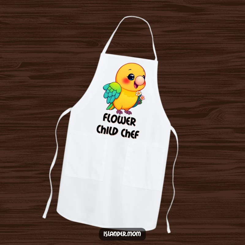 Funny Parrot Apron: A smiling parrot with bright feathers carries a flower, adding a tropical and humorous touch to your cooking.