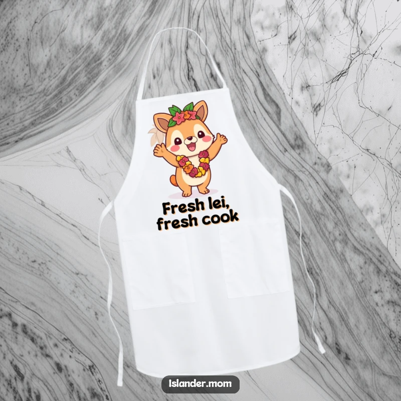 Funny apron with an islander animal character waving a lei, designed for warm tropical kitchen greetings.