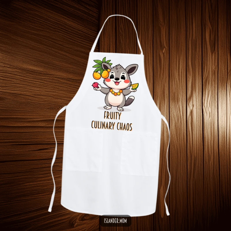 Funny apron with a cheerful kawaii islander animal juggling colorful fruits, combining kitchen practicality with tropical humor.