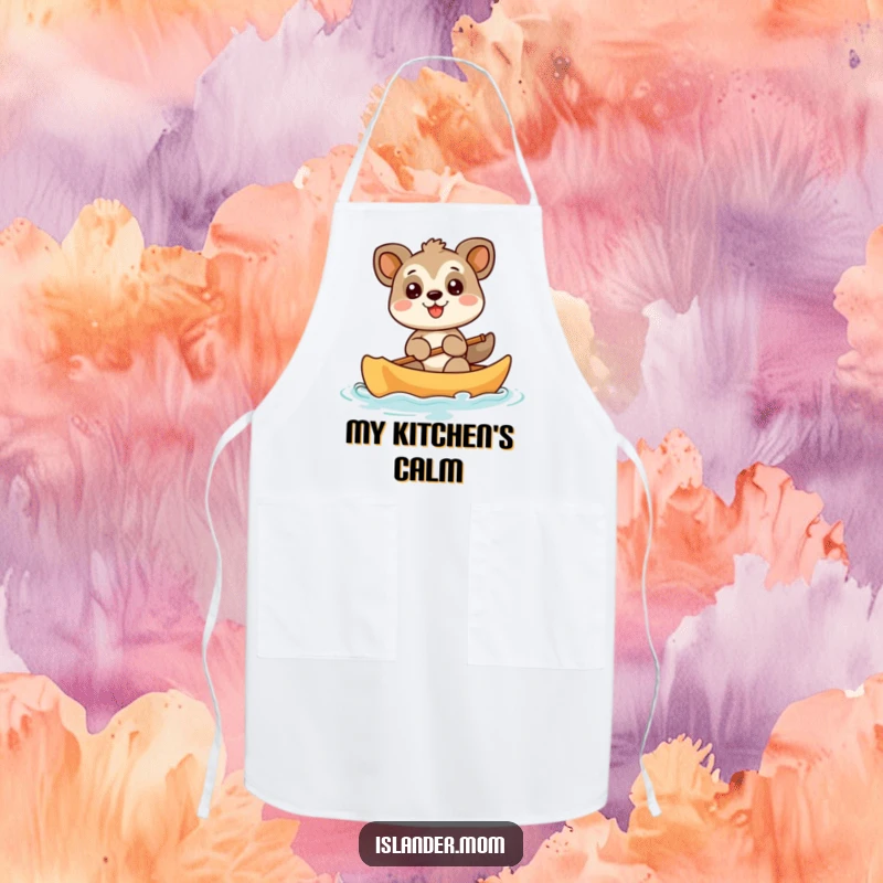 Funny animal character paddling a canoe with a huge, happy smile, a humorous and practical apron for kitchen adventures.