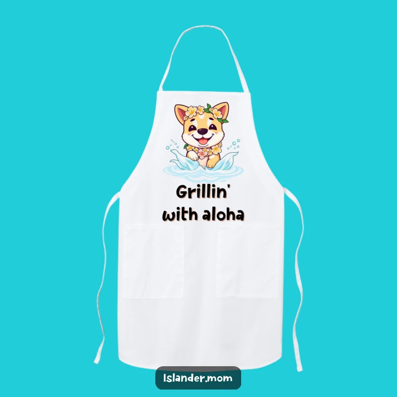 Funny Beach Dog Apron - Islander Pup Lei Splashing, Kitchen Humor Gift