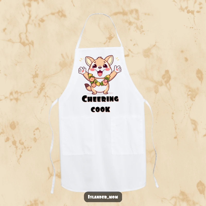 Funny apron depicting a cheerful animal in leis, waving arms enthusiastically, perfect for adding festive spirit to cooking.