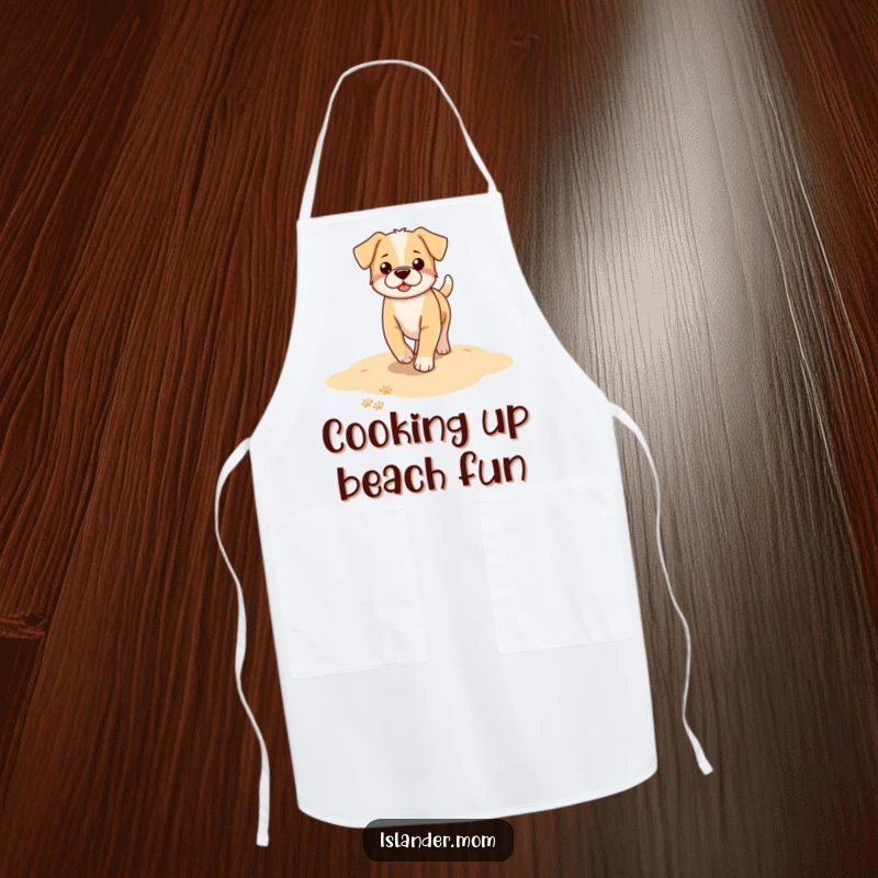 Funny dog apron featuring a pattern of dog paw prints subtly appearing on a sandy beach background, perfect for seaside kitchens.