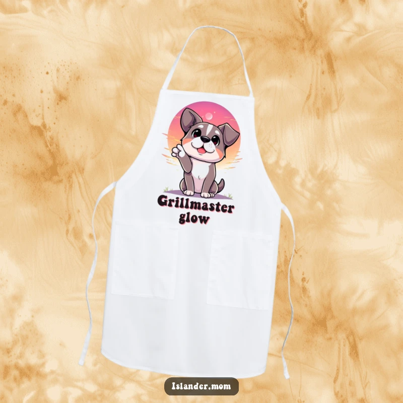 Funny dog gesturing towards a vibrant sunset with a look of wonder, cute kitchen apron, canine inspiration.