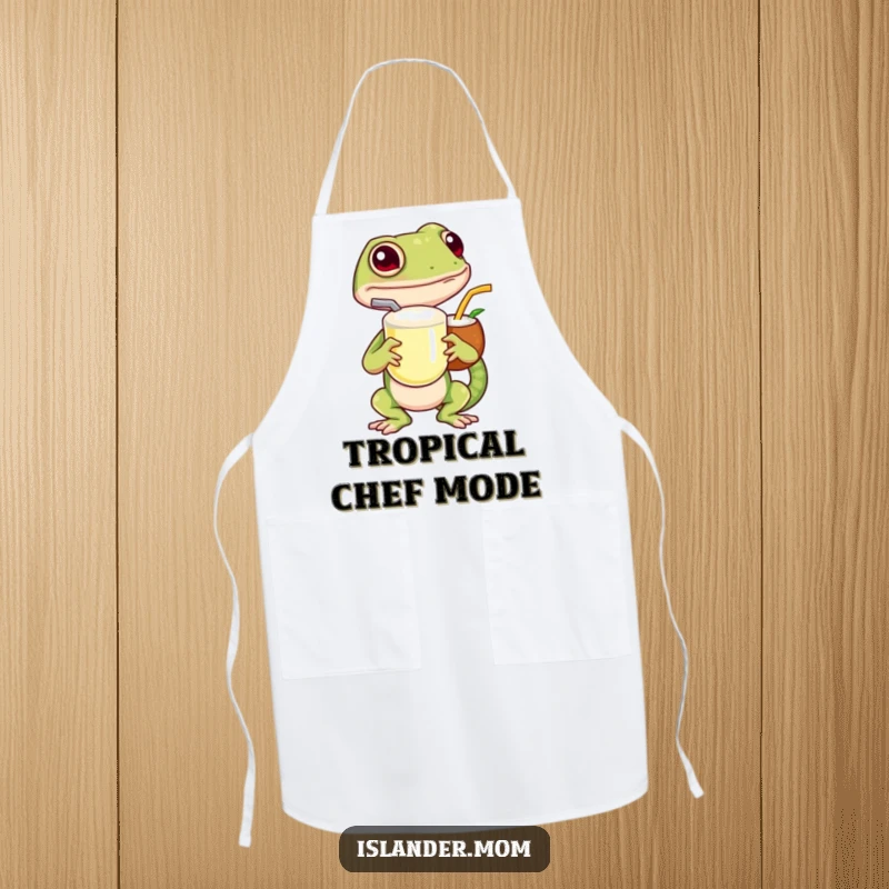 Funny island gecko apron, showing a gecko with a coconut drink, adding tropical humor to kitchen attire.