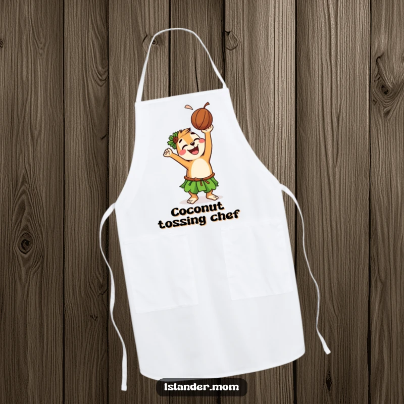 Funny apron depicting a grinning islander animal character tossing a coconut in the air, ready for kitchen adventures with a playful spirit.