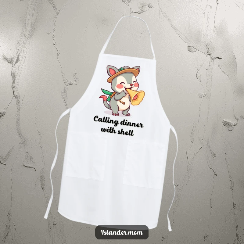 Funny Islander Animal Apron featuring a character playfully blowing a conch shell, perfect for tropical kitchen fun, a funny gift.