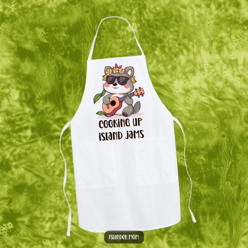 Funny Islander Animal Apron featuring a character playing a small ukulele, perfect for musical kitchen fun, a funny gift.