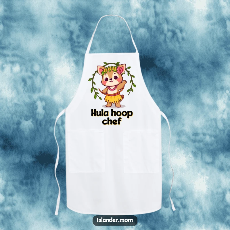 Funny Apron: Cute kawaii islander animal cheerfully twirling a vine hula hoop, adding playful tropical humor to kitchen tasks.