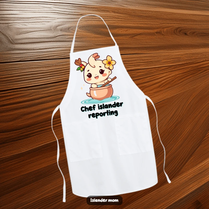 Funny apron showing a happy islander character with a flower, stirring a large pot, perfect for a humorous cooking experience.