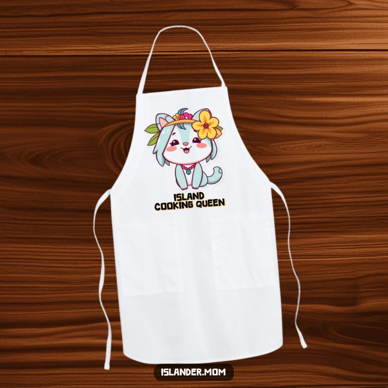 Funny Islander Mom Apron showing a cheerful animal mom with a flower behind her ear, perfect for kitchen fun.