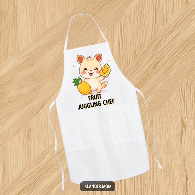 Funny apron depicting a skilled animal juggling tropical fruits, adding a playful and colorful touch to cooking and baking.