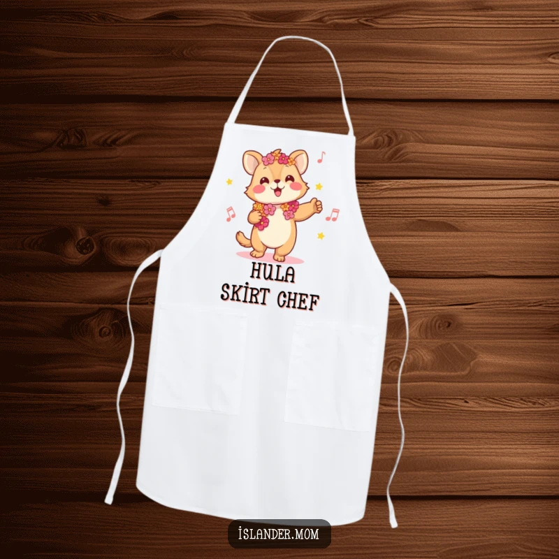 Funny apron with a joyful kawaii islander animal wearing a lei, swaying to music, combining kitchen practicality with tropical humor.