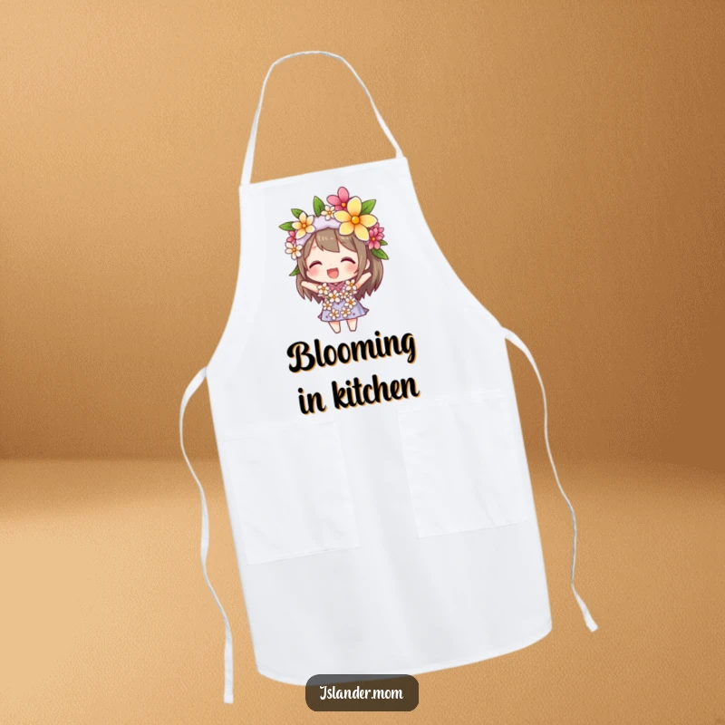Funny apron showing a beaming character with a flower lei on their head, ready to bring tropical cheer and humor to the kitchen.