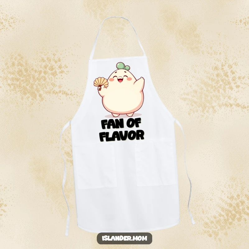 Funny apron featuring a rotund character fanning with a shell, perfect for kitchens or craft areas with a humorous, cheerful attitude.