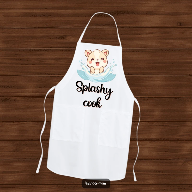 Funny apron depicting a joyful animal character splashing in gentle waves, perfect for adding a playful beach vibe to cooking.