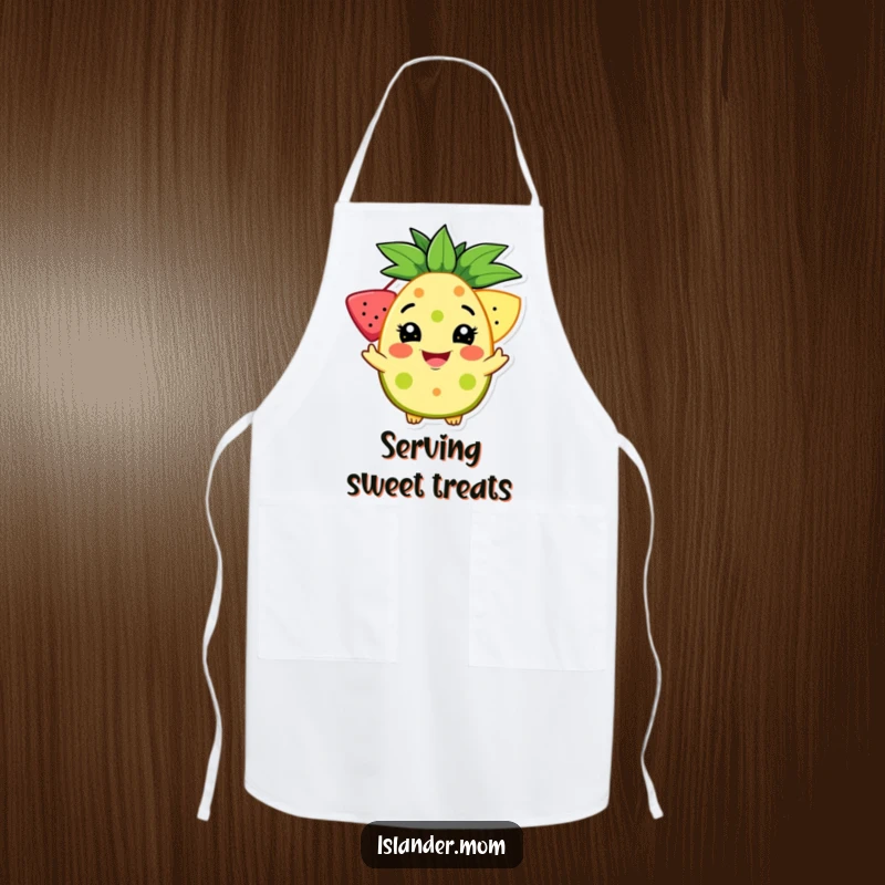 Funny apron showing a character with a warm, welcoming grin offering a bright tropical fruit, bringing cheer to the kitchen.