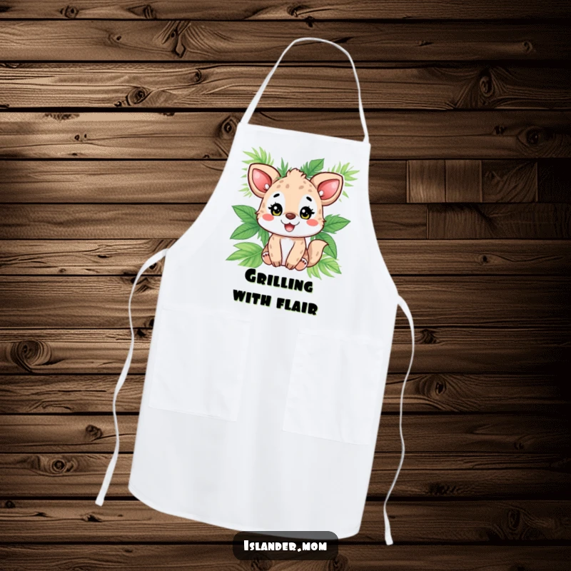 Funny animal character beaming with happiness, wearing palm leaves, a humorous and functional apron for a tropical kitchen experience.