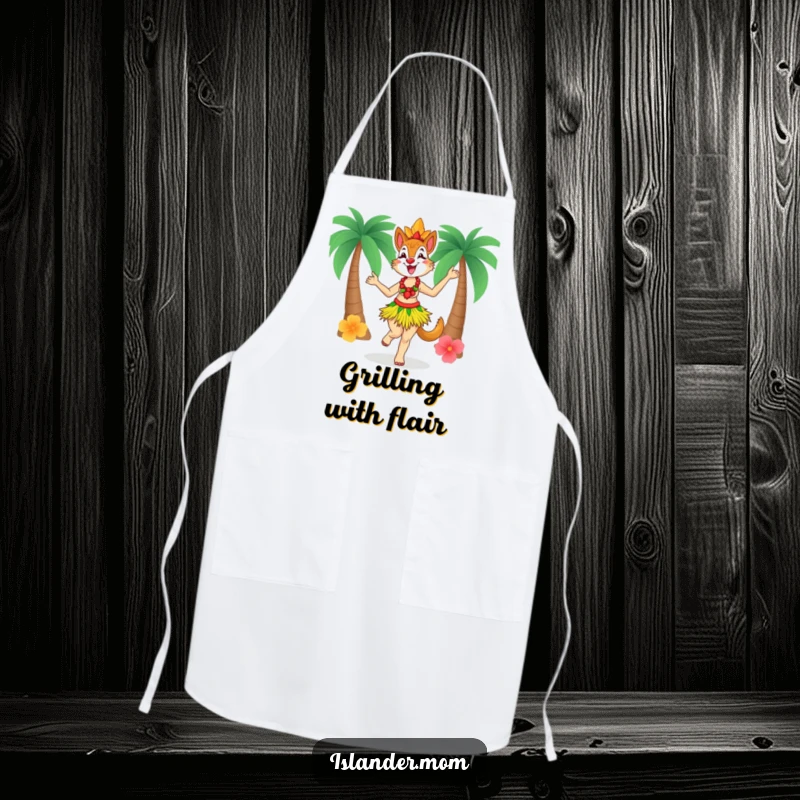 Funny Islander Mom Apron, functional and humorous, depicting an islander mom in a grass skirt dancing with delight, perfect for cooking.
