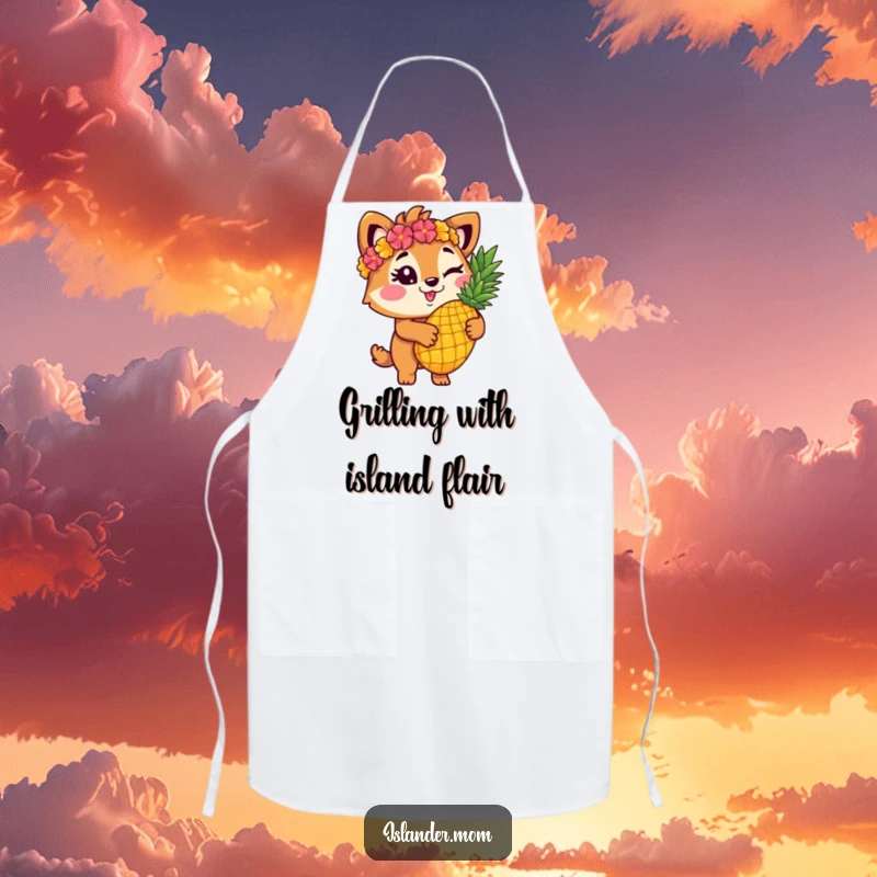 Funny islander animal character winking and holding a pineapple on a chef's apron, ideal for humorous kitchen activities.