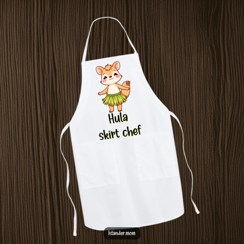 Funny apron showing a happy animal character swaying in a grass skirt, perfect for adding a humorous tropical touch to cooking.