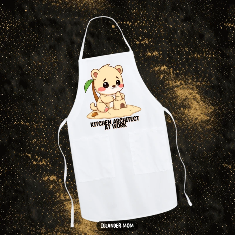 Funny apron with a kawaii islander animal showing focused delight as it builds a small sandcastle.