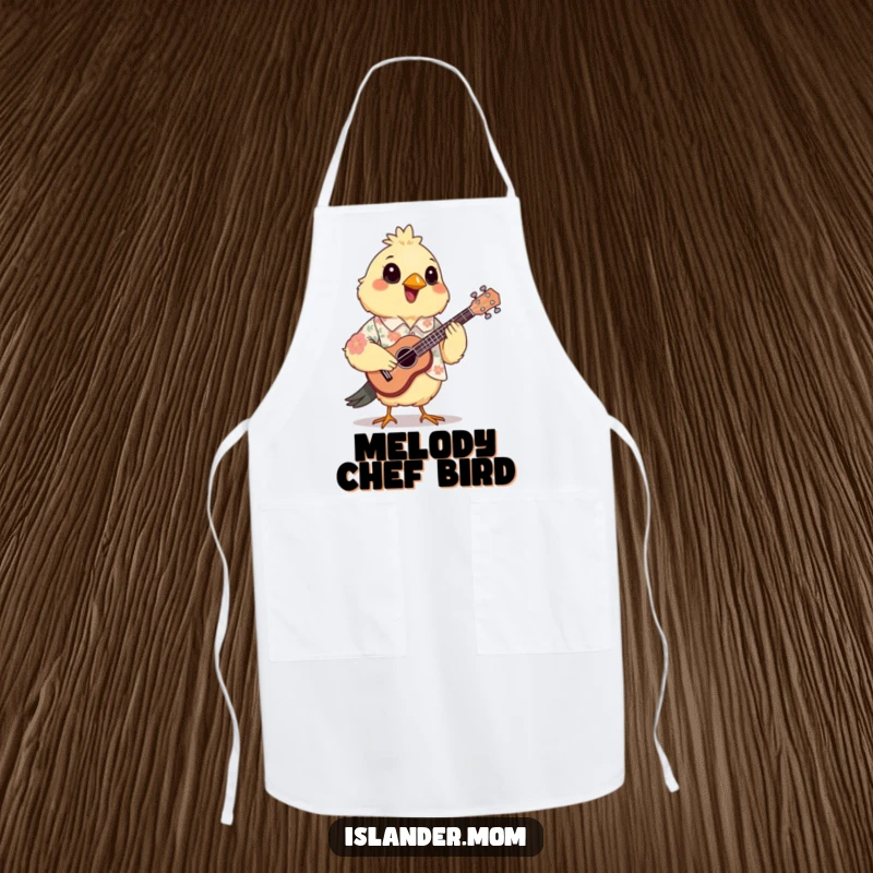 Funny Mama Bird Apron: A mama bird in a floral shirt joyfully plays a small ukulele while cooking.