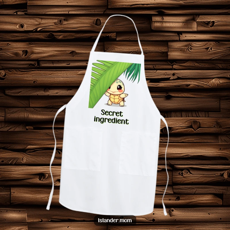 Funny curious turtle apron, showing a turtle peeking from behind a palm leaf, adding tropical humor to kitchen attire.