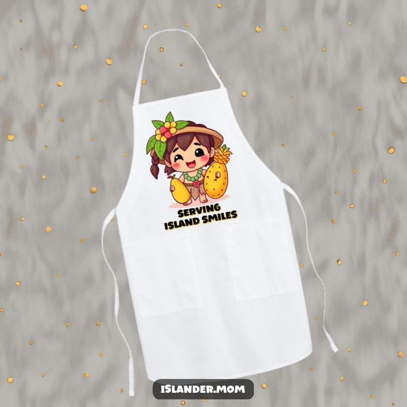 Funny Apron: A kawaii islander character happily holds a tropical fruit, ready to cook up a storm with a big smile.