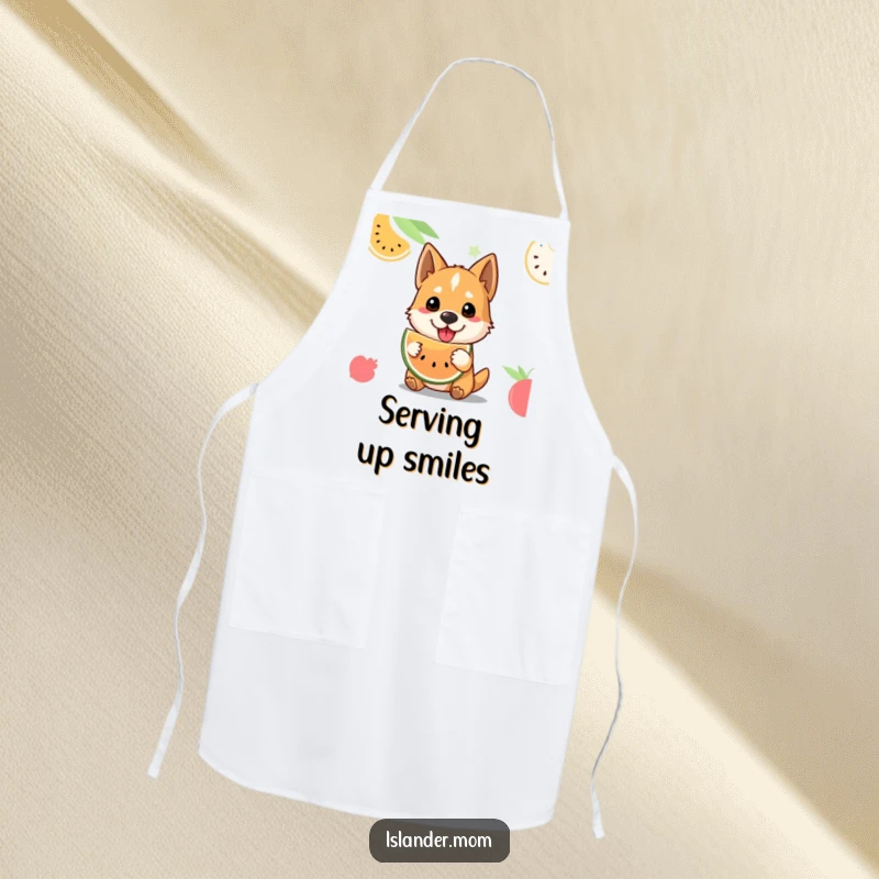 Funny tropical fruit dog apron showing a welcoming dog offering fruit, perfect for kitchen activities and protecting clothes.