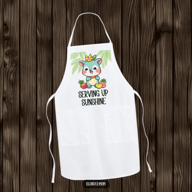 Funny apron featuring an island animal character offering a tropical fruit, adding humor and hospitality to cooking.