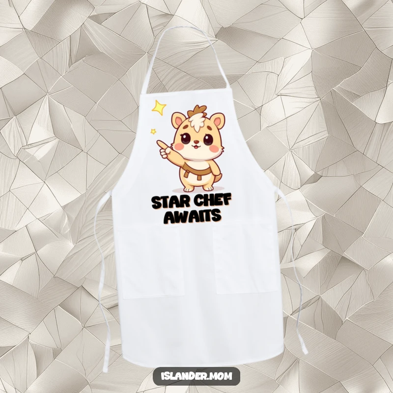 Funny Apron: Cute kawaii islander animal character pointing at a shining star, adding playful cosmic humor to cooking.