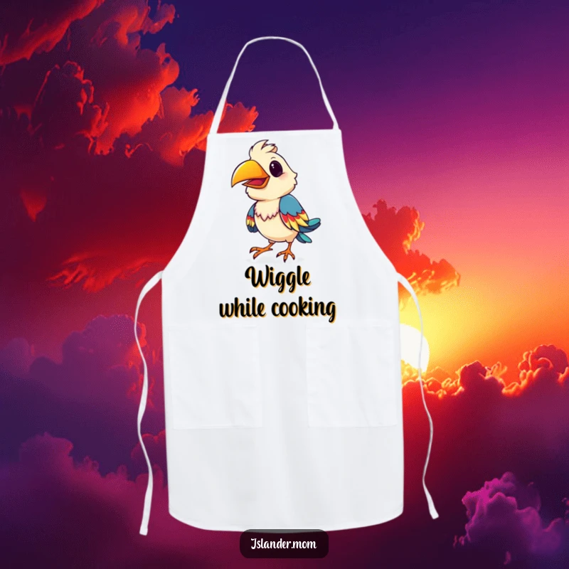 Funny playful bird apron, showing a bird doing a colorful shimmy, adding tropical humor to kitchen attire.