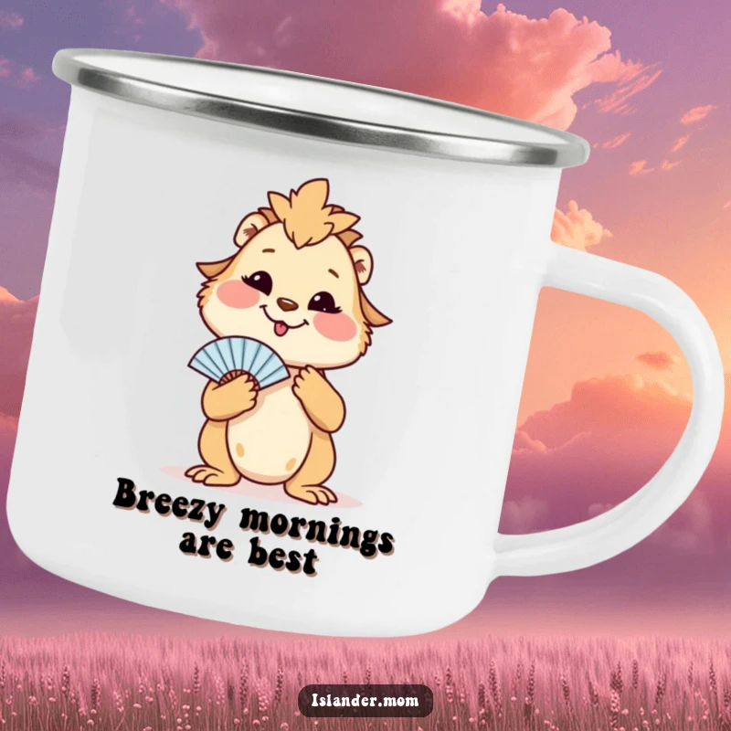 Funny camping mug with a contented islander mom animal fanning herself, perfect for outdoor enthusiasts who love humor.