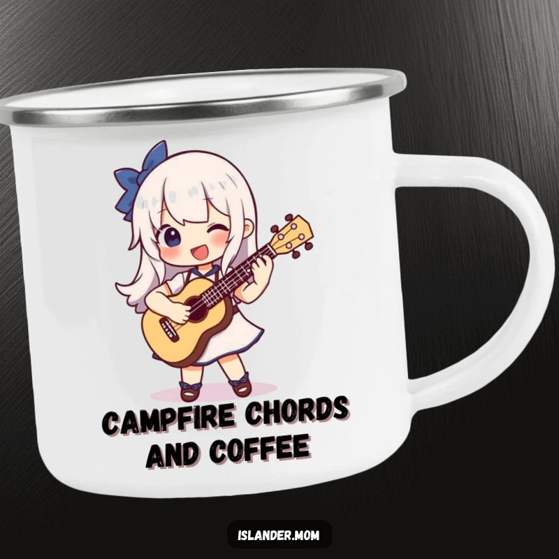 Funny camping mug with a character happily strumming a ukulele, designed for outdoor adventures and musical enjoyment.