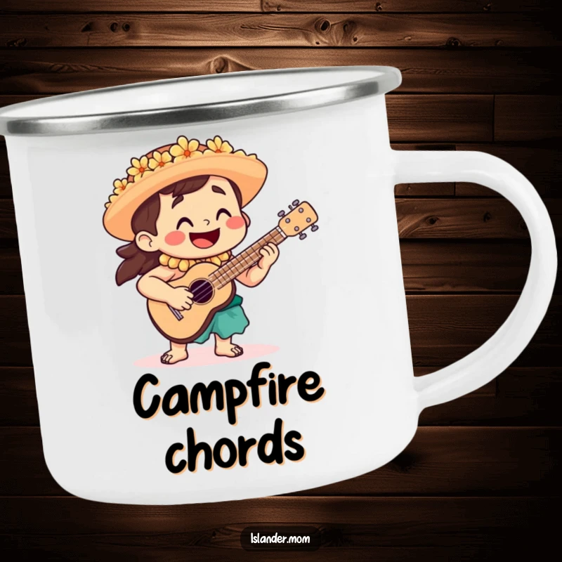 Funny Camping Mug featuring a happy islander playing a ukulele, perfect for outdoor enthusiasts who love music and adventure.
