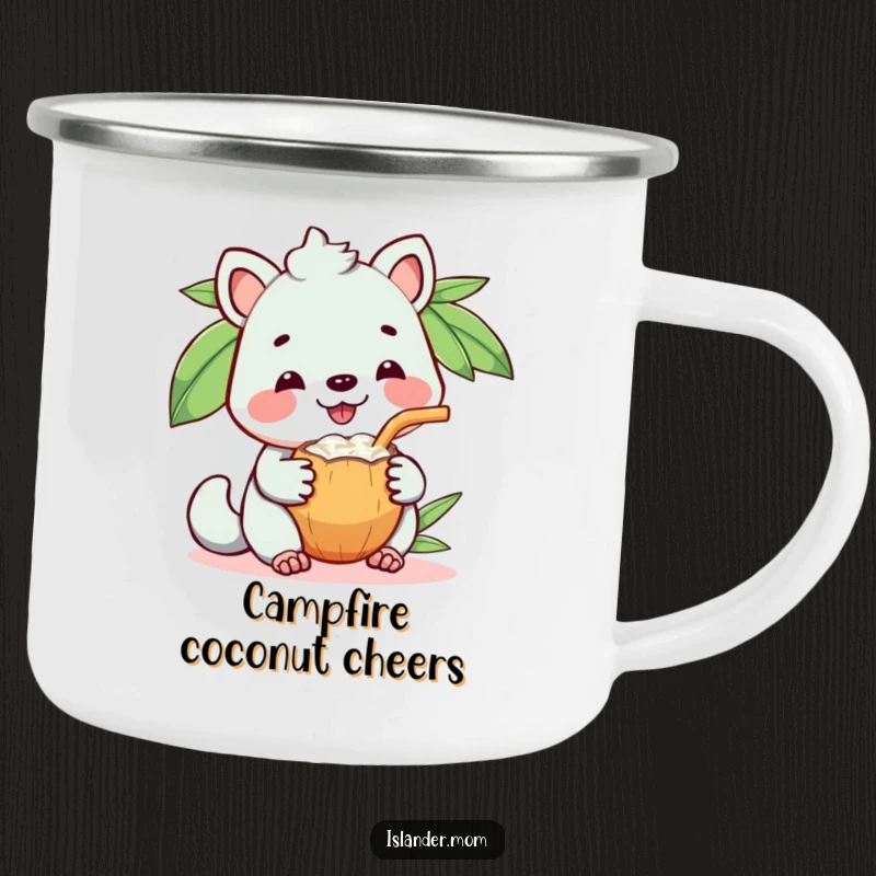 Funny camping mug showing a kawaii islander animal grinning while sharing a coconut drink, ideal for outdoor trips.