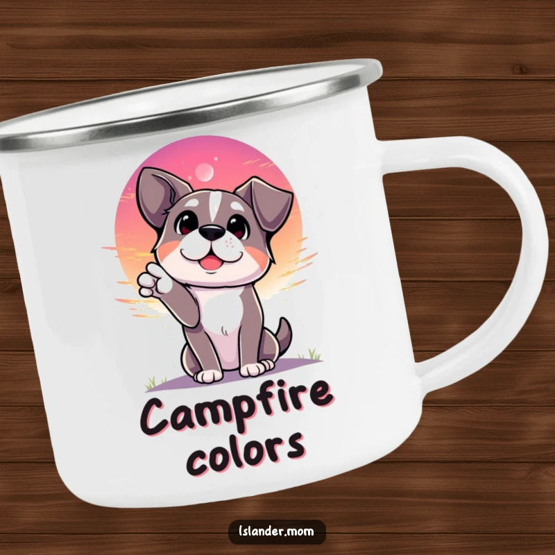 Funny dog gesturing towards a vibrant sunset with a look of wonder, durable enamel camping mug, outdoor exploration design.