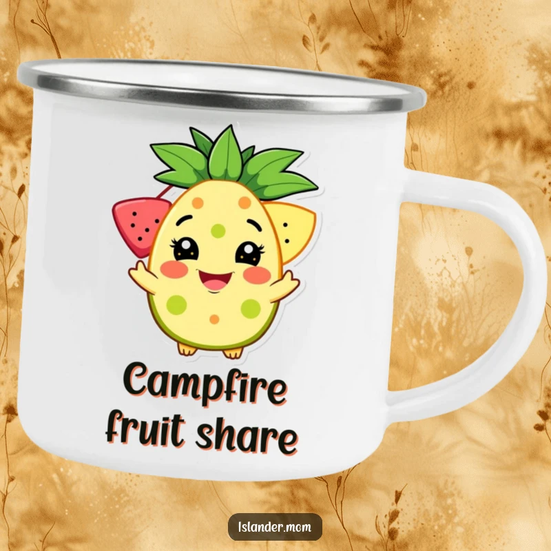Funny camping mug with a grinning character offering a tropical fruit, designed for outdoor sharing and embracing a welcoming spirit.