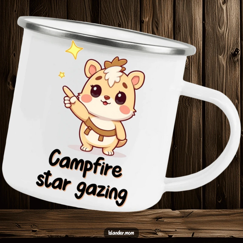 Funny Camping Mug: Adorable kawaii islander animal character looking inquisitively at a shining star, ready for cosmic camping.