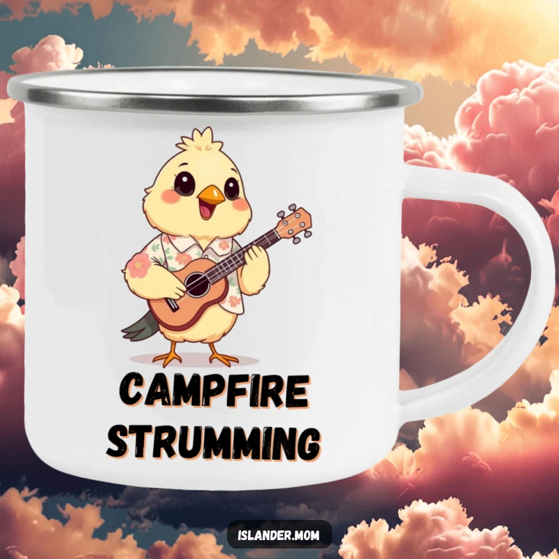 Funny Mama Bird Camping Mug: A mama bird in a floral shirt joyfully plays a small ukulele by a campfire.