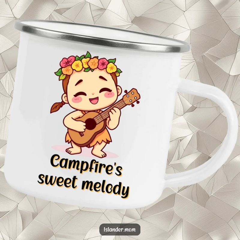 Funny kawaii islander character contentedly playing a ukulele on a durable camping mug, perfect for outdoor music lovers.