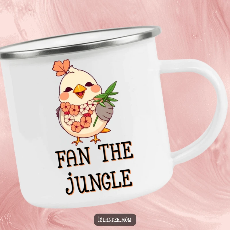 Funny Mama Bird Camping Mug: A mama bird in a lei happily fans herself with a palm leaf by a campfire.