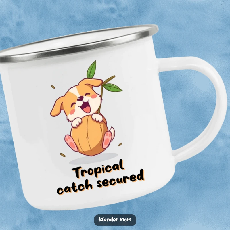 Funny dog camping mug showing a dog expertly catching a falling coconut, ready for any outdoor challenge with a playful bark.