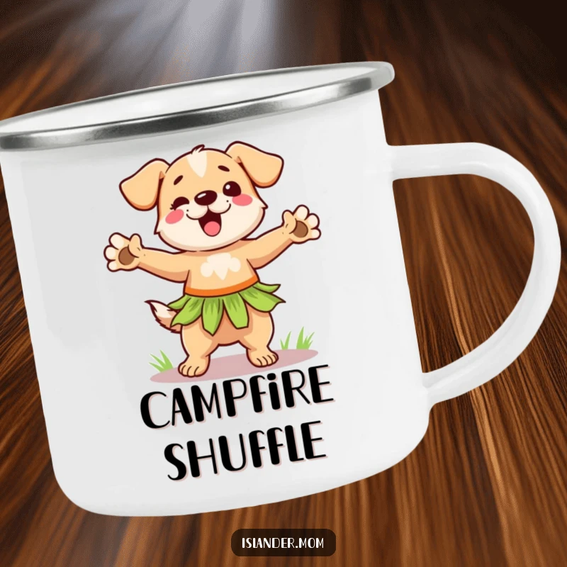 Funny hula dog camping mug with a dancing dog in a grass skirt, durable for outdoor use with tropical flair.