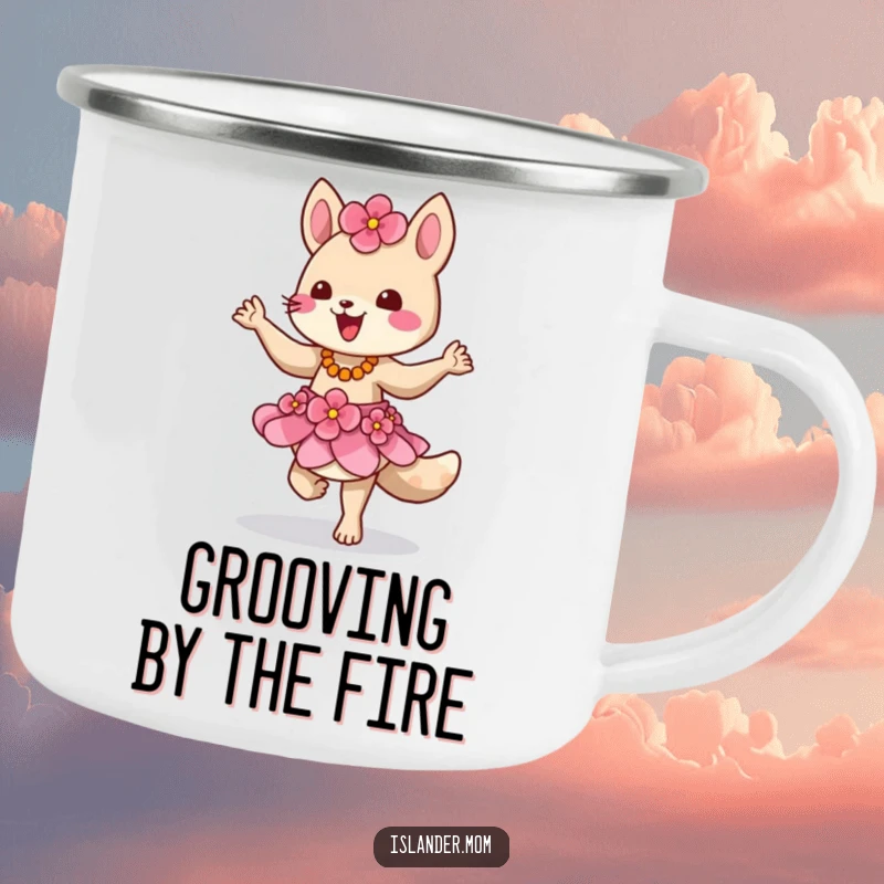 Funny camping mug showing an island animal character in a flower skirt, dancing outdoors, ideal for adventurers.